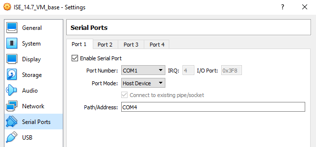 VM serial port settings